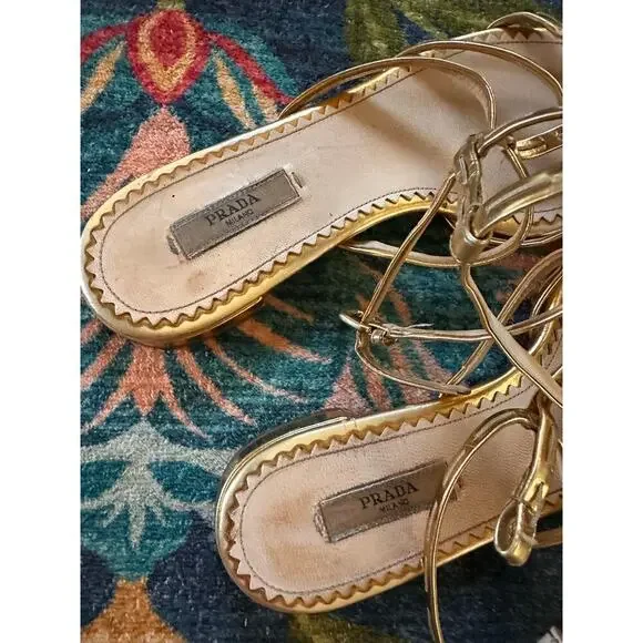 Authentic PRADA Gold Gladiator Strap Sandals Size 37.5 *READ DESCRIPTION* - Picture 4 of 12